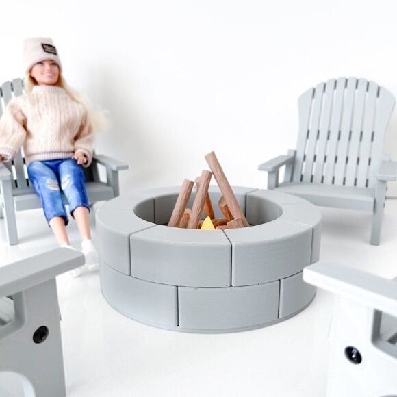 4 Gray Miniature Adirondack Chairs & Round Firepit W/Flickering Logs 1:6 Scale - Picture 6 of 8